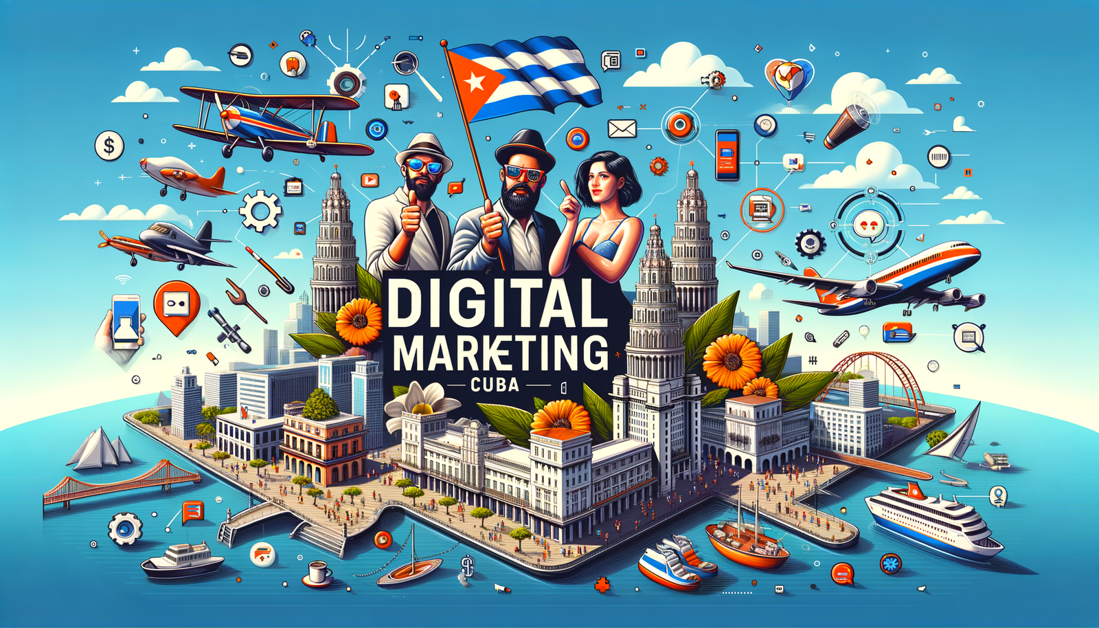 Cartel Promocional de un Curso de Marketing Digital dirigido para Emprendedores Cubanos. Conjunto de elementos relacionados al Marketing Digital y Cuba. No incluir textos
